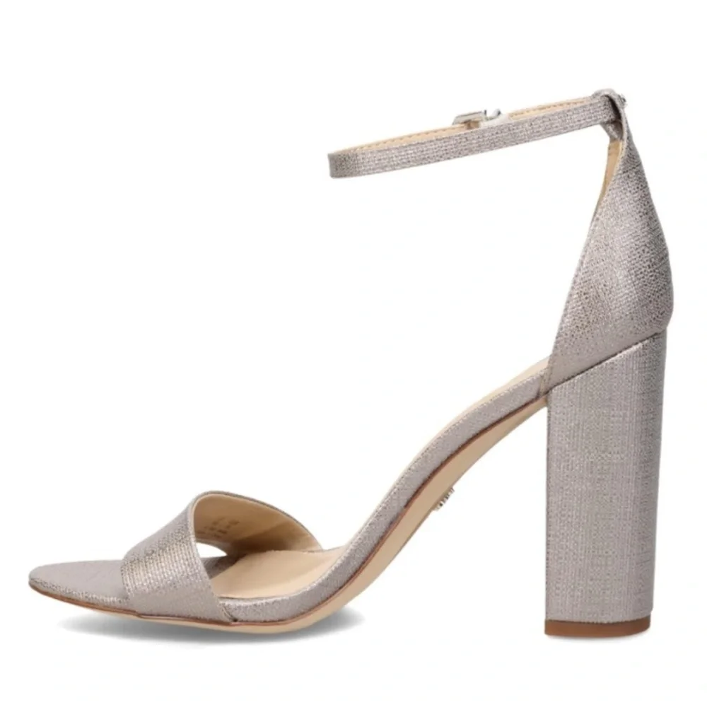 Sam Edelman Silver Textured Ankle-Strap Block Heel Sandals